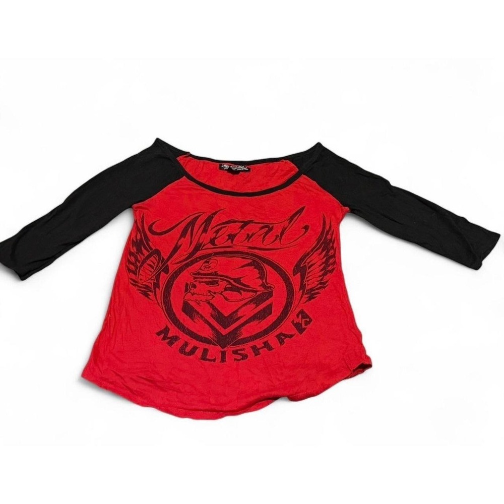 Metal Mulisha Red Black 3/4 Sleeve Graphic Skull Raglan Top Women's S Y2K